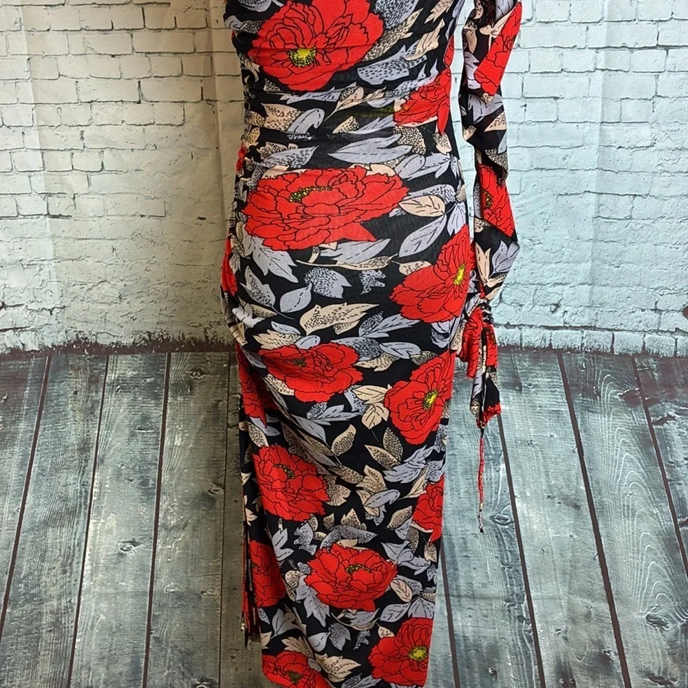 Diane Von Furstenburg Ruched One Sleeve Floral Mesh Dress Boswell Black 6 Sexy - Picture 11 of 16